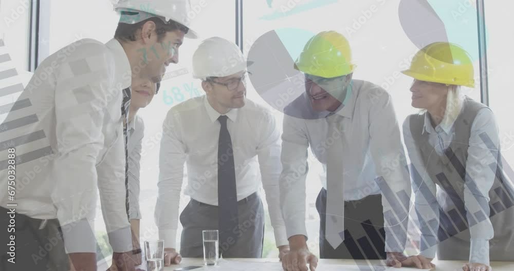 Poster animation of financial data processing over diverse architects with plans in office