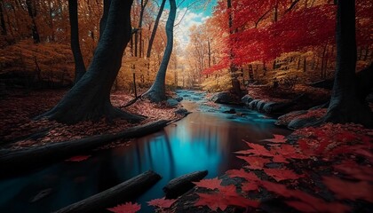 AI generated illustration of flowing waterfall surrounded by autumn trees