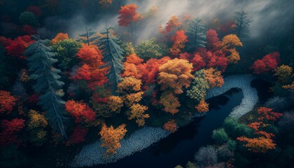 Fototapeta na wymiar AI generated illustration of flowing waterfall surrounded by autumn trees