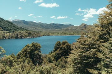 Naklejka premium Tranquil lake surrounded by lush trees with the cloudy blue sky in background