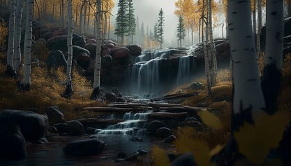 AI generated illustration of a cascade waterfall in tranquil forest