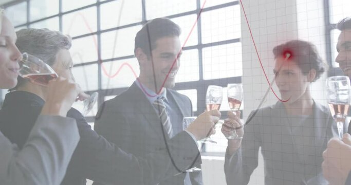 Animation of financial data processing over diverse business people toasting with champagne