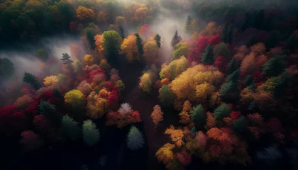 Foto op Plexiglas AI generated illustration of autumn trees in a foggy forest © Wirestock