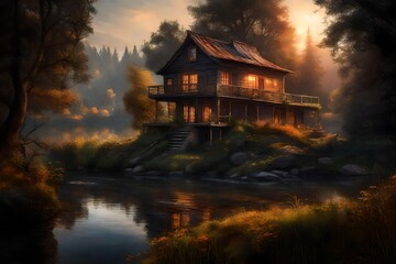 Fototapeta premium A house on the river's edge, where each sunrise paints a new masterpiece.
