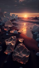 Vertical  AI-generated illustration of ice and stones on the sand of the beach at a beautiful sunset