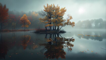 Naklejka na ściany i meble AI generated illustration of lake surrounded by autumn trees