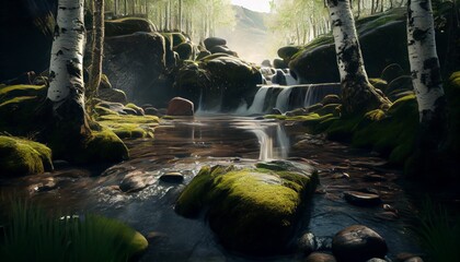 a stream runs through some moss covered rocks in a forest - AI generated