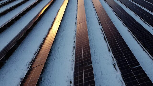 Flying over the large-scale solar panel power plant in Canada.