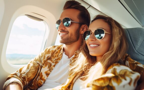 Young husband and wife wearing bright clothes are flying on a plane on vacation