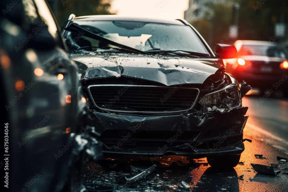 Poster broken car in an accident. crash on the road. background with selective focus and copy space