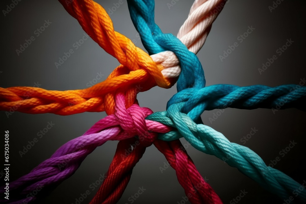 Poster different ropes are woven into a knot. teamwork concept. background with selective focus and copy sp