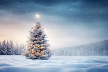 Naklejka premium Decorated Christmas tree in a winter snowy forest. Merry Christmas and Happy New Year concept. Background
