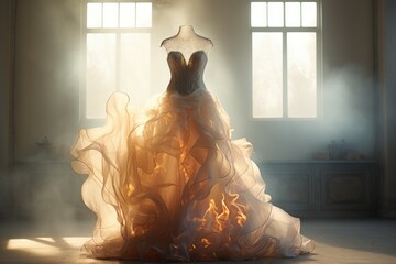 Burning wedding dress in the flames of the fire. Background with selective focus and copy space