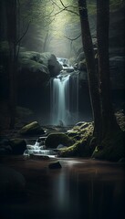 AI generated illustration of a sun-dappled forest, with a sparkling waterfall
