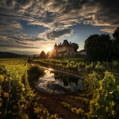 AI generated illustration of a picturesque estate set against a lush vineyard landscape at sunset