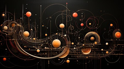 AI-generated abstract illustration of a very convoluted schematic of lines, curves, circles and dots in orange, yellow, gold and black. MidJourney.