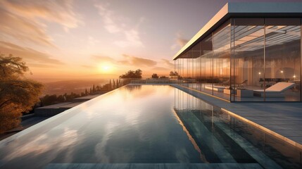 Fototapeta premium AI generated illustration of the golden rays of the setting sun behind a glass swimming pool