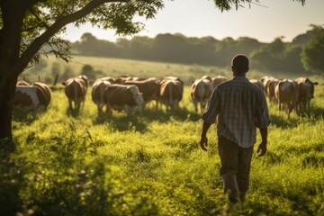 Cowboy on the farm, view from the back. Portrait with selective focus and copy space - obrazy, fototapety, plakaty