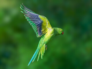 Parakeet flying in the air against a backdrop of trees in the summertime.
