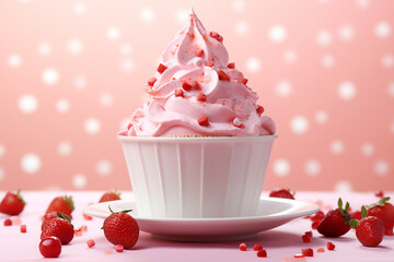 The photo shoot of a strawberry vanilla soft serve topped with cherry and pink red sprinkle ice cream waffle cones served in the cup isolated on a pink background. Generative AI.