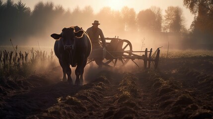 AI generate farmer and wagon loaded with hay and two cows in field - obrazy, fototapety, plakaty
