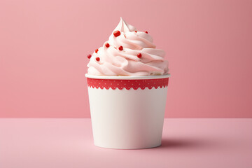 The photo shoot of a strawberry vanilla soft serve topped with cherry and pink red sprinkle ice cream waffle cones served in the cup isolated on a pink background. Generative AI. - obrazy, fototapety, plakaty