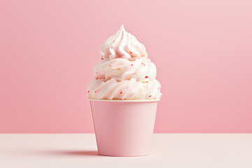 The photo shoot of a strawberry vanilla soft serve topped with cherry and pink red sprinkle ice cream waffle cones served in the cup isolated on a pink background. Generative AI. - obrazy, fototapety, plakaty