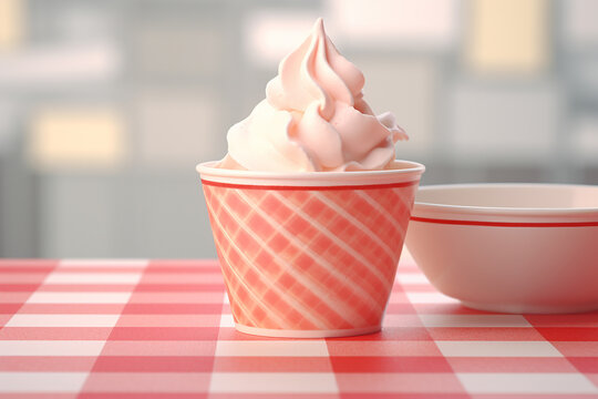 The photo shoot of a strawberry vanilla soft serve topped with cherry and pink red sprinkle ice cream waffle cones served in the cup isolated on a pink background. Generative AI.