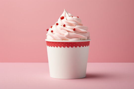 The photo shoot of a strawberry vanilla soft serve topped with cherry and pink red sprinkle ice cream waffle cones served in the cup isolated on a pink background. Generative AI.