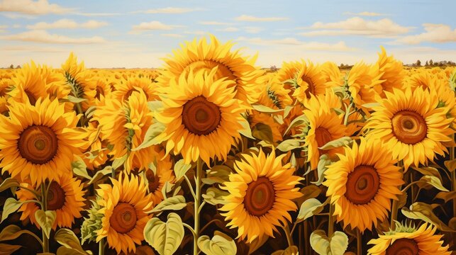 a painting of a field of yellow sunflowers by a sky background
