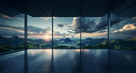 AI generated illustration of A room featuring glass windows, with a mountains in the background