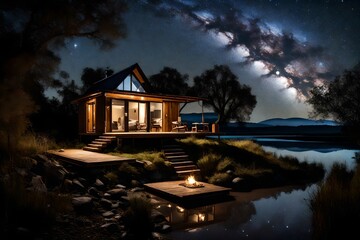 A riverbank cabin under a star-studded night sky, a peaceful riverside haven.