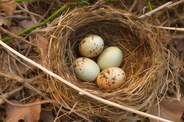 Naklejka na ściany i meble AI generated illustration of A close up of three eggs resting in a nest of leaves and twigs