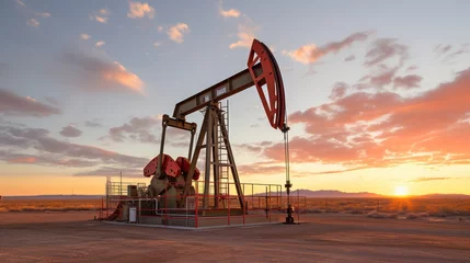 Fotobehang A Oil drilling machine in the desert, Industry, energy industry, gas station at sunset. © Phoophinyo