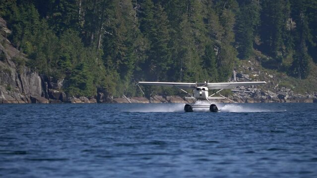 Floatplane Taking Off Seascape In British Columbia, Canada. 