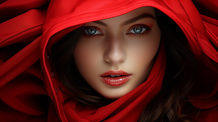 A beautiful young women in red hair veils against a black background.