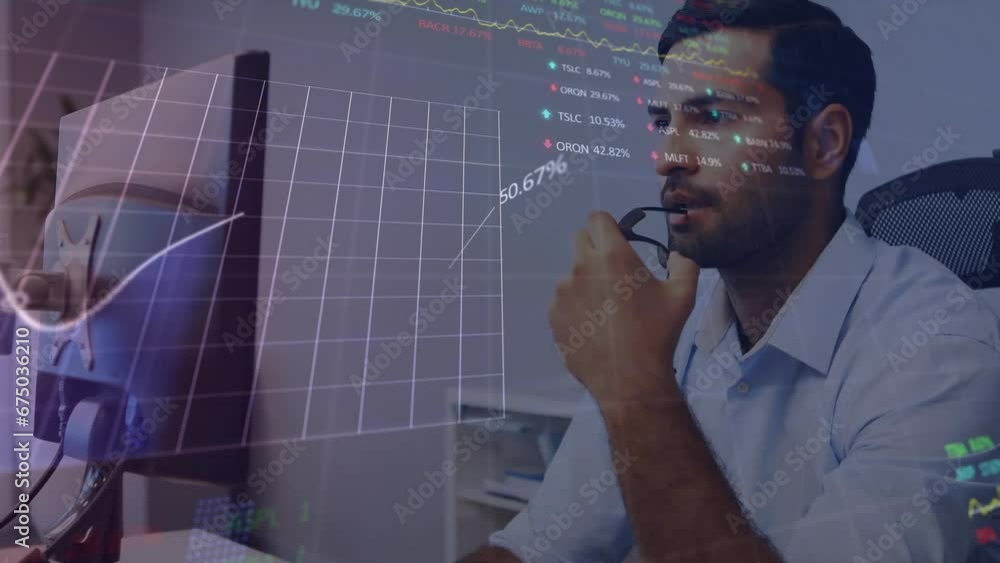 Poster animation of statistical, stock market data processing on stressed asian using computer at office