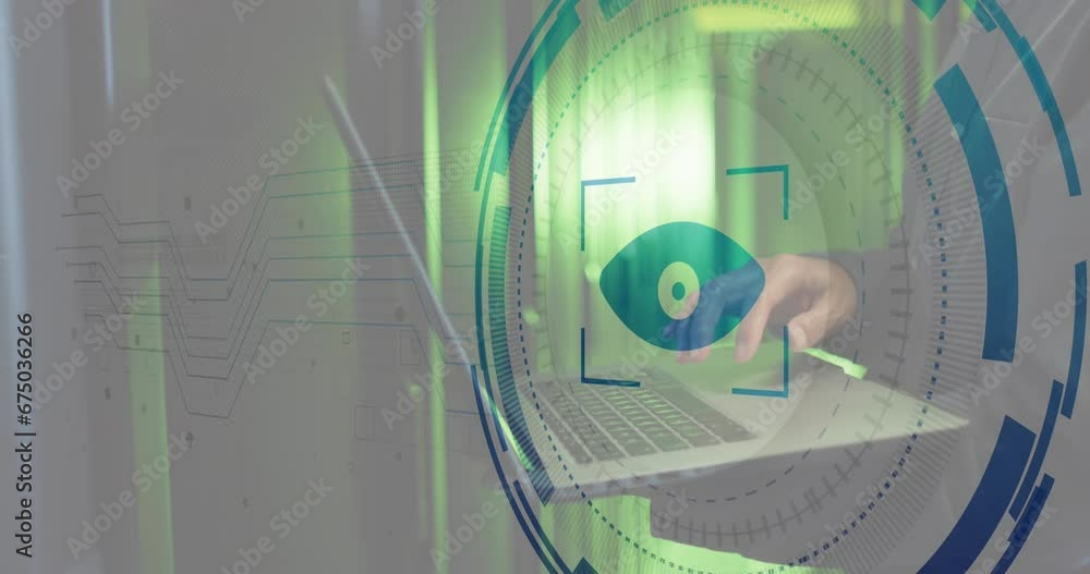 Poster animation of iris scanner against mid section of male engineer using laptop at computer server room