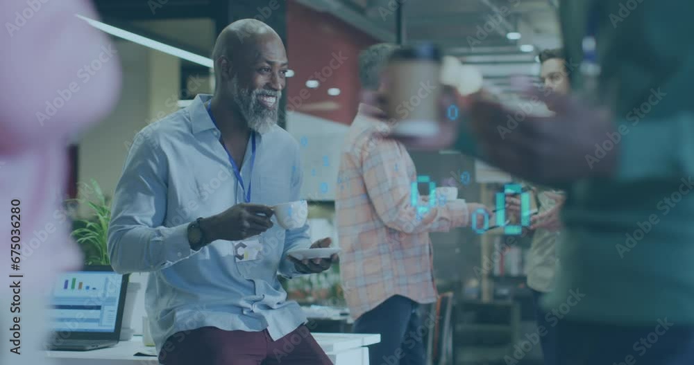 Poster animation of binary coding against african ameircn man with coffee cup smiling talking at office