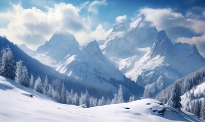 Fototapeta na wymiar Winter Wonderland: Majestic Snow-Capped Mountains Embracing Mount's Breathtaking Beauty