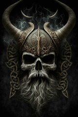 AI-generated illustration of a skull,with a helmet with horns,in a Viking style,on a dark background