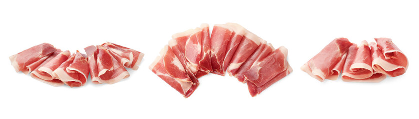 Delicious sliced jamon isolated on white, set