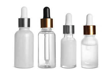 Serums in different bottles isolated on white, collection