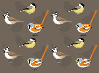 Bird Willow Tit Crested Beared Reedling Cartoon Cute Seamless Wallpaper Background