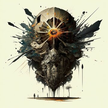 AI-generated illustration of a futuristic world, revealing energy of its core, on a beige background