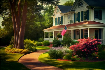 AI generated illustration of a house with a beautiful garden full of bloomed flowers and the US flag