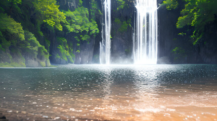 AI-generated illustration of a waterfall and green trees.