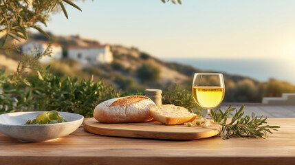 Wine, bread, and cheese, on the Almafi Coast in Italy - obrazy, fototapety, plakaty