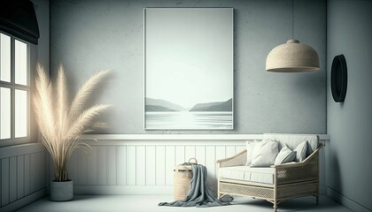 AI-generated illustration of the minimalist room interior with paintings on the wall