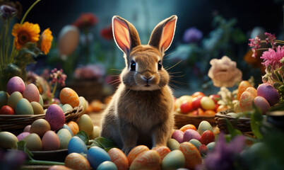 Fototapeta na wymiar Curious bunny with a rich array of colorful Easter eggs in a lush garden